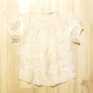 White silver sheer short sleeve blouse